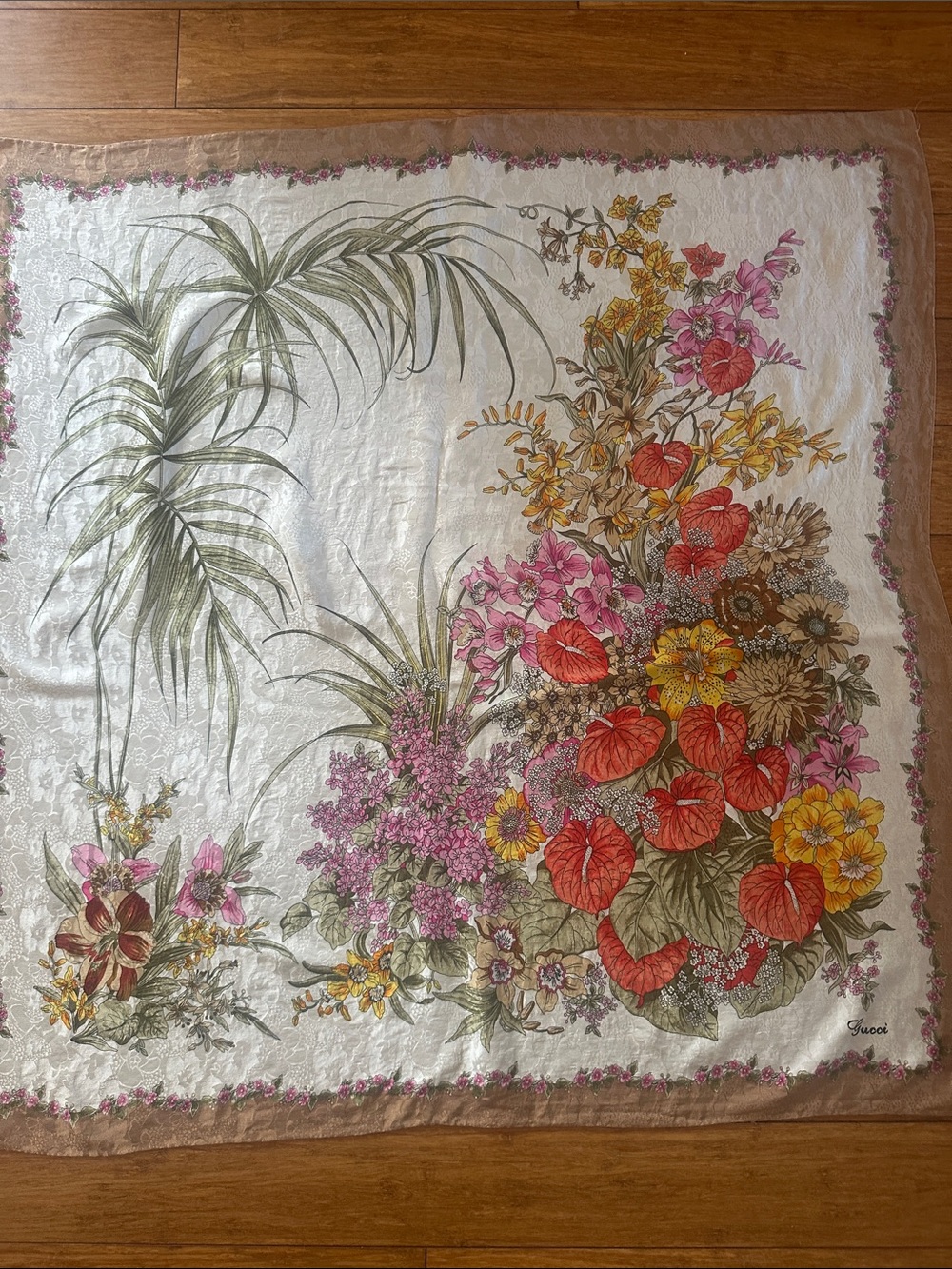 Gucci Floral Botanical Silk Scarf in Cream, Red, Pink, Yellow, Green